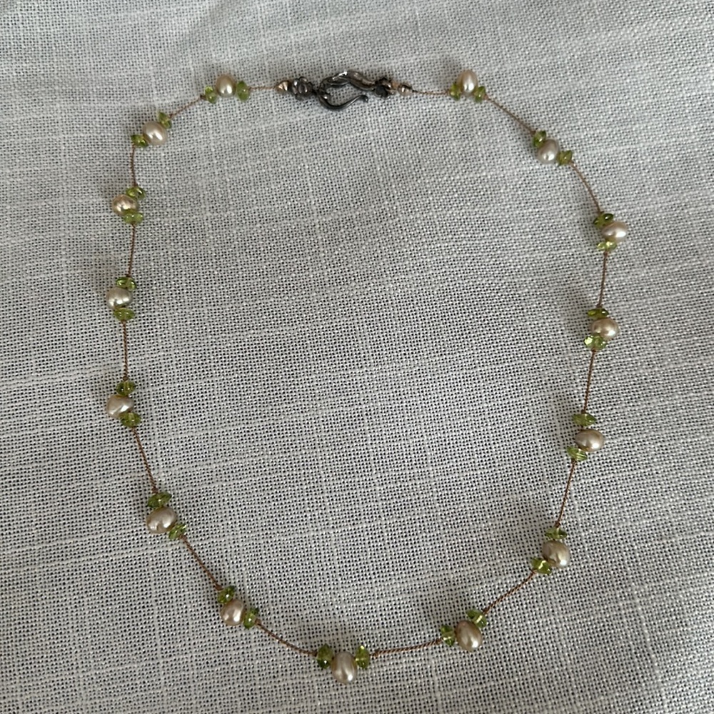 Champagne teardrop fresh water pearls peridot chips hand knotted 16” sterling